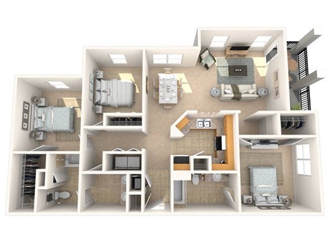 A 3D floor plan of a house showing a kitchen, living room, and two bedrooms.